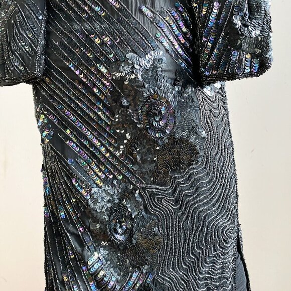 Vintage Silk Fully Beaded Geometric Floral Print Tunic Dress S - Picture 7 of 9